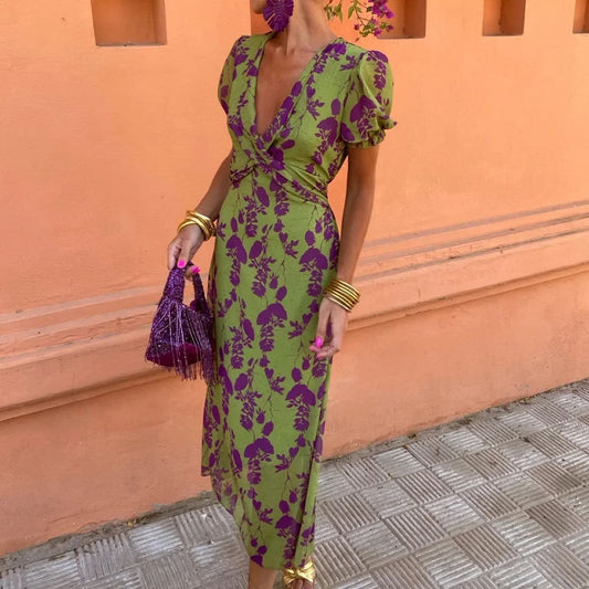 Summer V-neck Short-sleeved Dress Fashion Flowers Printed Slim Beach Dresses