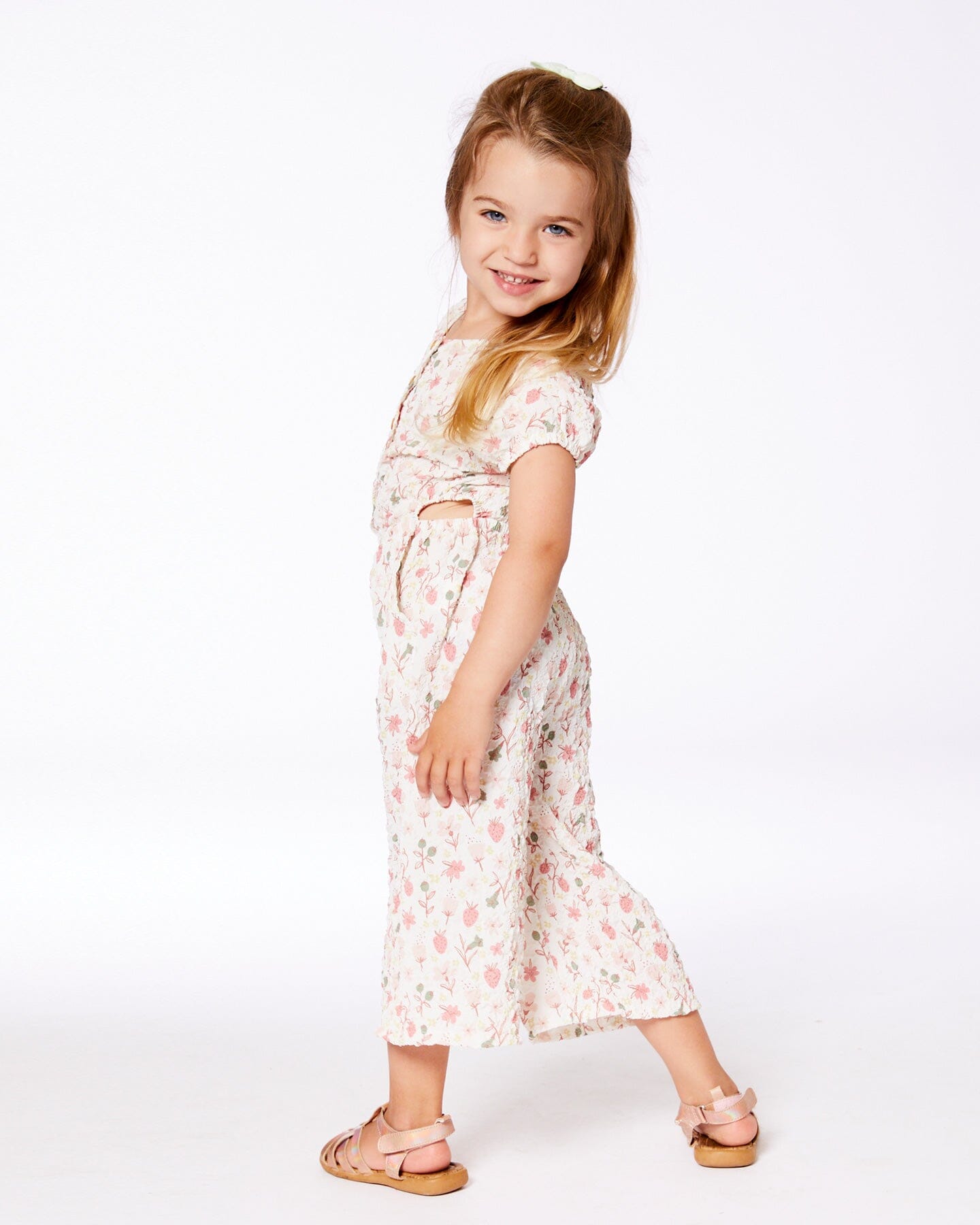 Printed Seersucker Jumpsuit With Cut Outs Pink Flowers On Cream Background-3