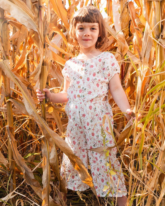 Printed Seersucker Jumpsuit With Cut Outs Pink Flowers On Cream Background-1