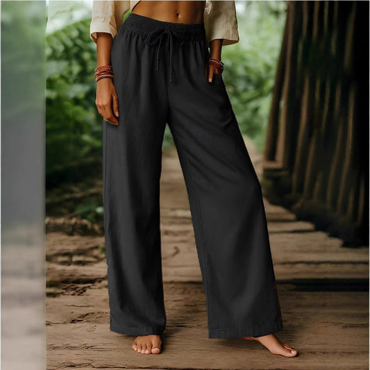 Elastic Casual Solid Color Cotton Linen Wide Leg Pants