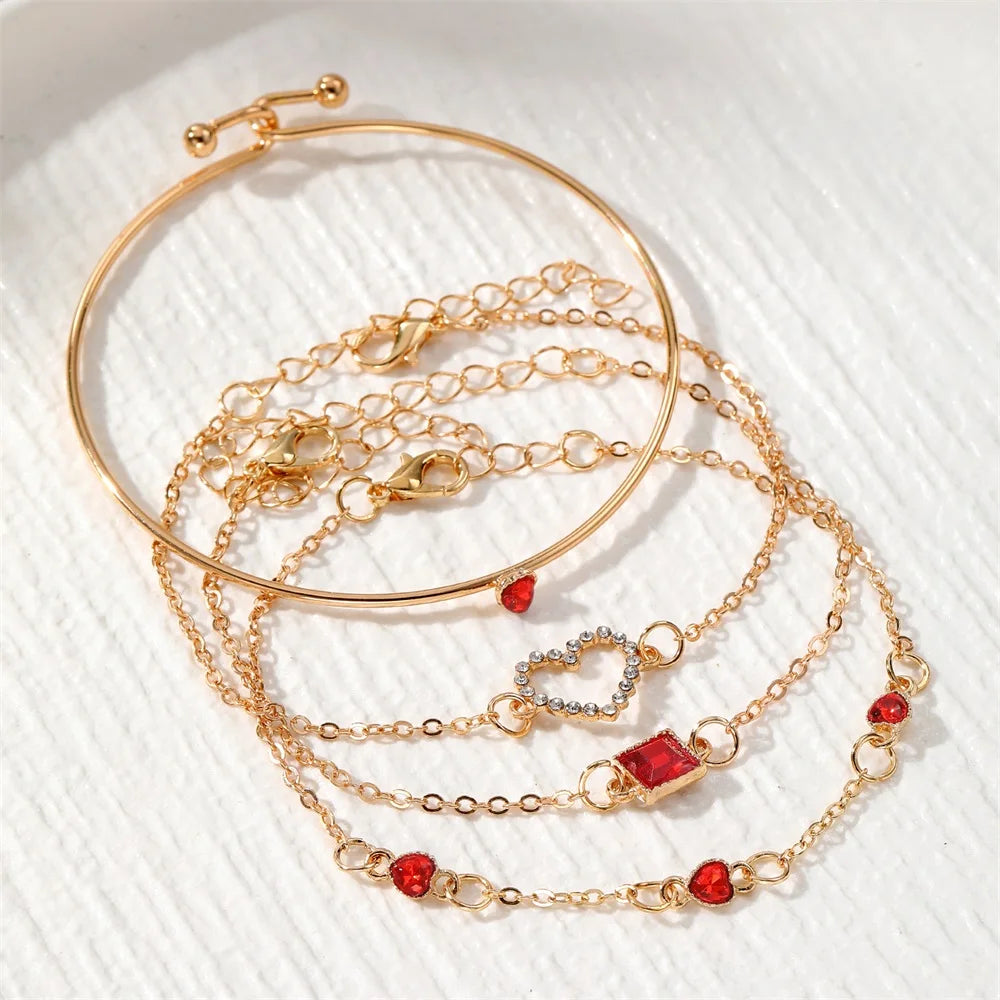EN Fashion Red Shiny Charm Geometric Crystal Bracelet For Women Elegant Hollow Heart
