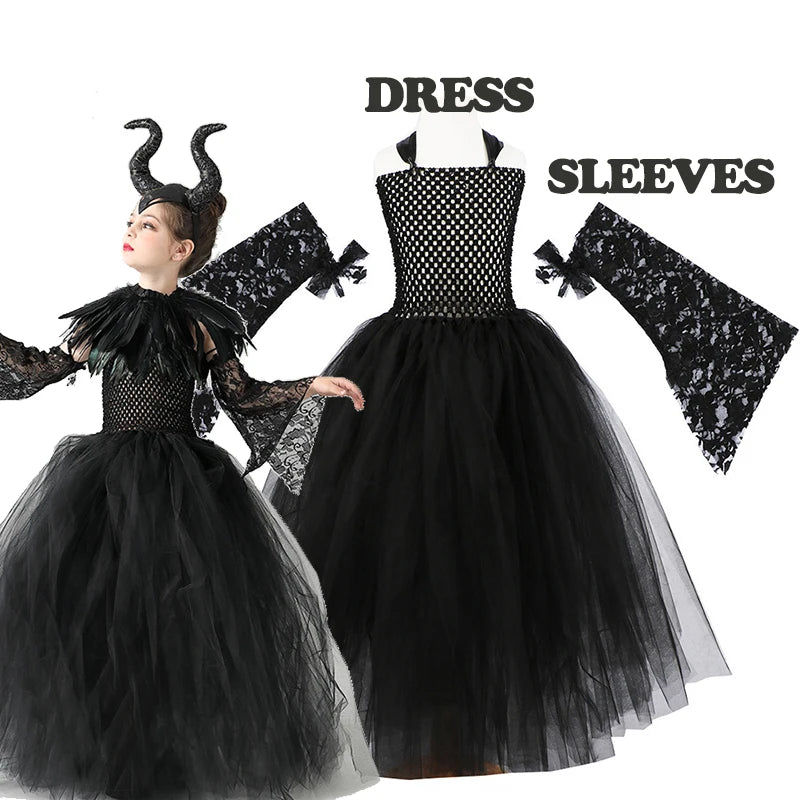 2024 New Maleficent Halloween Costume Maleficent Tulle Dress for Girls Cosplay Evil Queen Black Mesh Princess Dress Kids