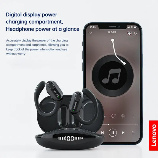 Lenovo XT80 Wireless Earphones with digital display charging case, showcasing headphone power information.
