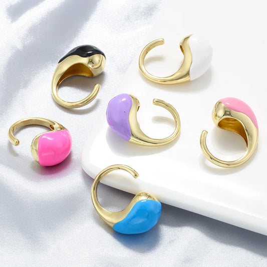 ZHUKOU Enamelled Oil Drop Brass Large Head Teardrop Opening Adjustable Unisex Ring
