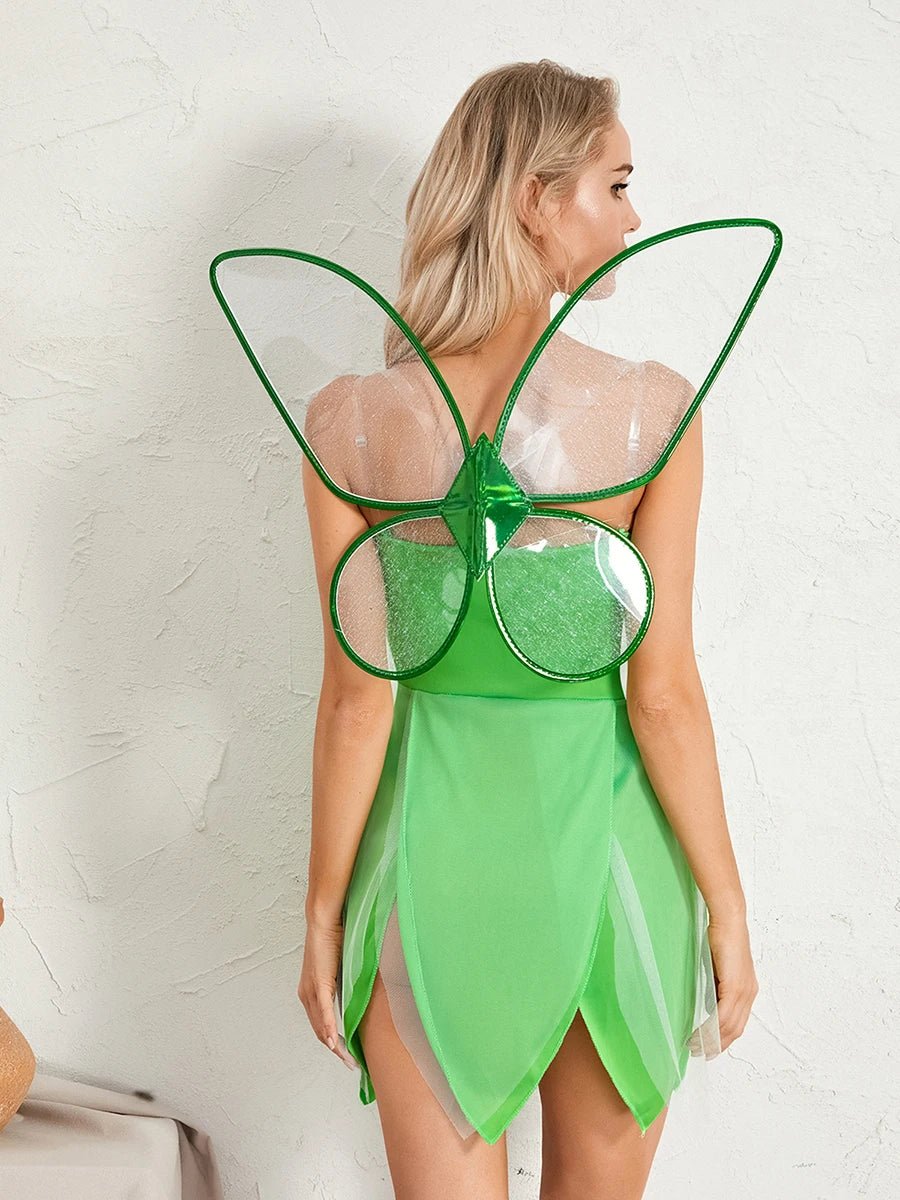 Women Fairy Tinker Bell Forest Princess Costume Cosplay Green Dress Up Fancy Halloween Christmas Party with Wing