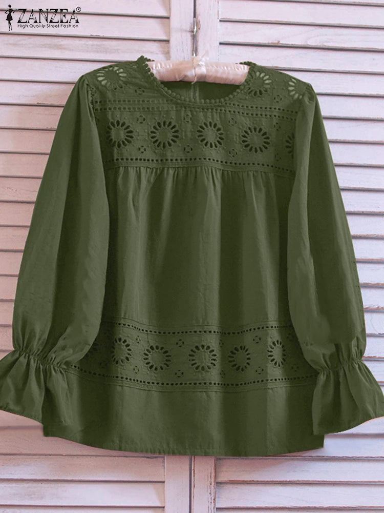 ZANZEA Vacation Causal Blouses 2025 Spring Women Openwork Lace Patchwork Elegant Blusas Mujer Bohemian Long Sleeve Smock Tops