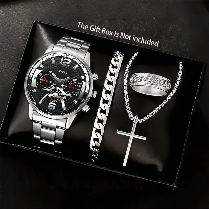 Luxury gold men's wristwatch with black dial and chronograph features, stylish analog design.