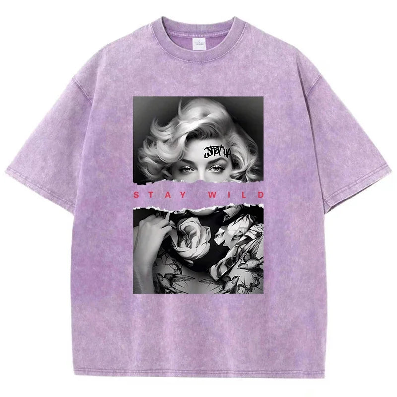 Woman Cotton Washed T-Shirts All-Math Loose O-Neck Short Sleeve European Style Fashion