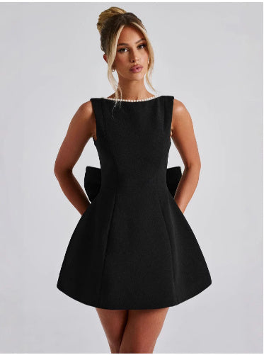 Fashion Big-Bowed Pearls Backless Dress Summer Slim Sleeveless A-line Dresses