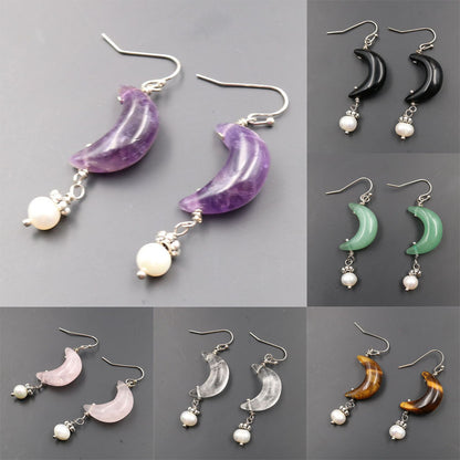 Natural Tigereye Moon Earrings Fashion OL Pearl Earrings