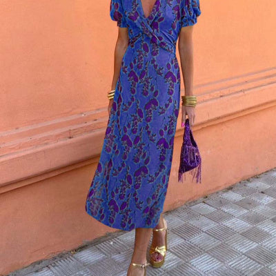 Summer V-neck Short-sleeved Dress Fashion Flowers Printed Slim Beach Dresses