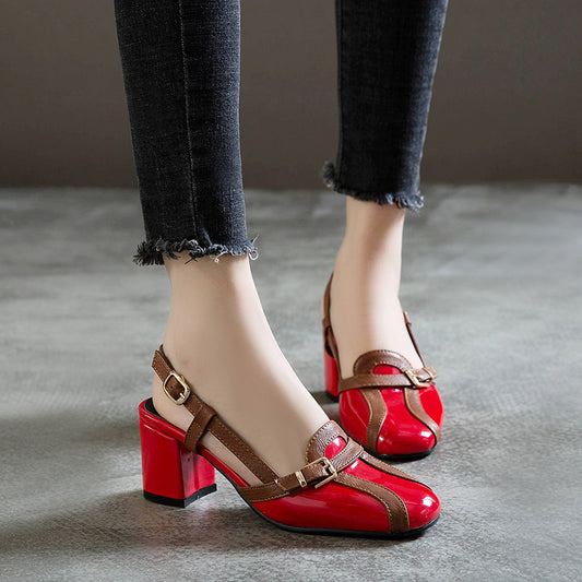 After Stitching Baotou Hollow Sandals Thick High Heels