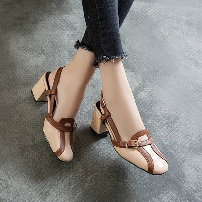 After Stitching Baotou Hollow Sandals Thick High Heels
