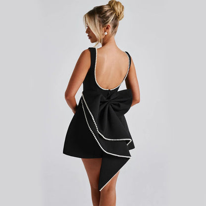Fashion Big-Bowed Pearls Backless Dress Summer Slim Sleeveless A-line Dresses