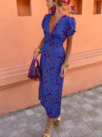Summer V-neck Short-sleeved Dress Fashion Flowers Printed Slim Beach Dresses