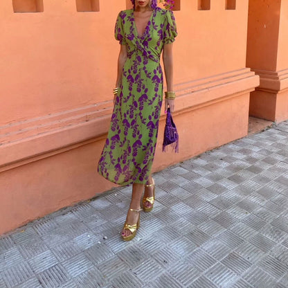 Summer V-neck Short-sleeved Dress Fashion Flowers Printed Slim Beach Dresses