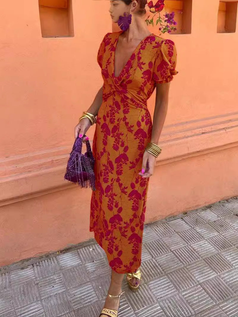 Summer V-neck Short-sleeved Dress Fashion Flowers Printed Slim Beach Dresses