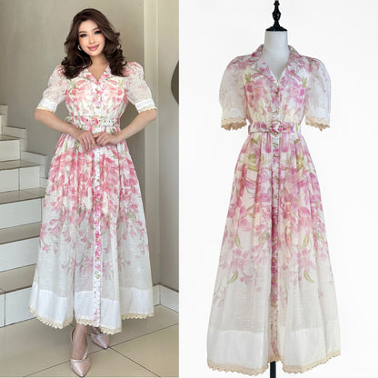 Lace Ruffled Short Sleeves Printed Style Dress