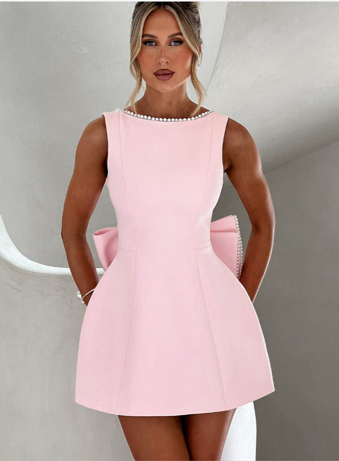 Fashion Big-Bowed Pearls Backless Dress Summer Slim Sleeveless A-line Dresses