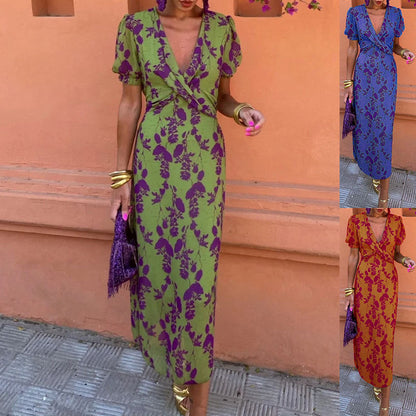 Summer V-neck Short-sleeved Dress Fashion Flowers Printed Slim Beach Dresses
