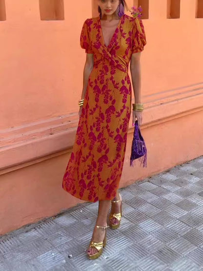 Summer V-neck Short-sleeved Dress Fashion Flowers Printed Slim Beach Dresses