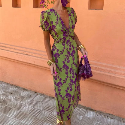 Summer V-neck Short-sleeved Dress Fashion Flowers Printed Slim Beach Dresses