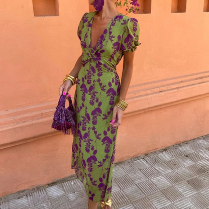 Summer V-neck Short-sleeved Dress Fashion Flowers Printed Slim Beach Dresses