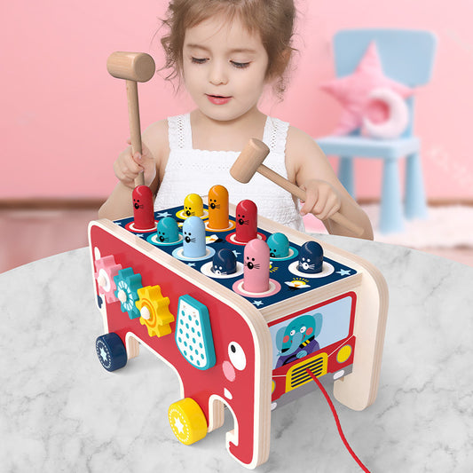 Montessori Toddlers Kids Wooden Pounding Bench Animal Bus Toys Musical Instrument