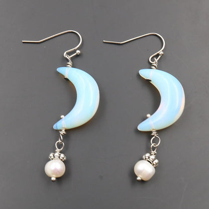 Natural Tigereye Moon Earrings Fashion OL Pearl Earrings