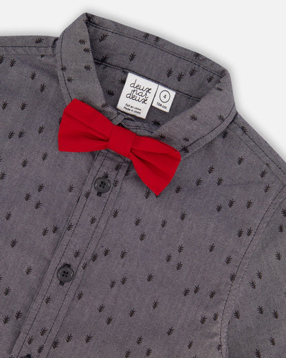 Printed Pine Chambray Shirt With Bow Tie Gray-4