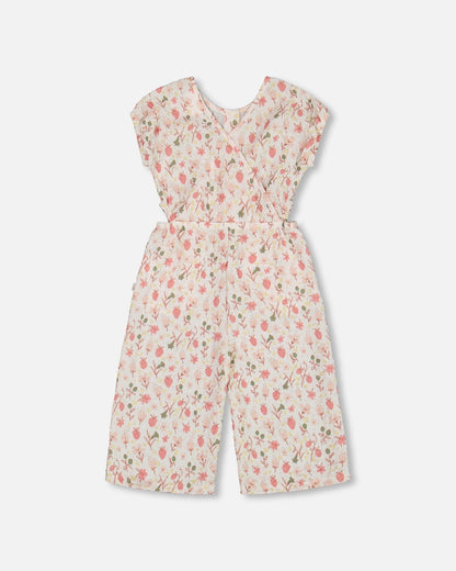 Printed Seersucker Jumpsuit With Cut Outs Pink Flowers On Cream Background-0