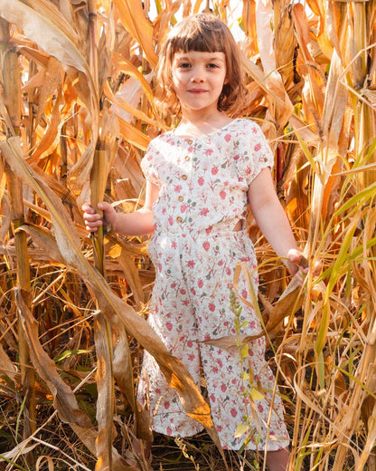 Printed Seersucker Jumpsuit With Cut Outs Pink Flowers On Cream Background-1