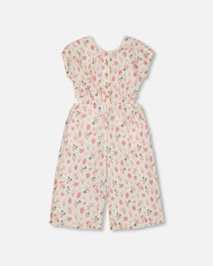 Printed Seersucker Jumpsuit With Cut Outs Pink Flowers On Cream Background-4