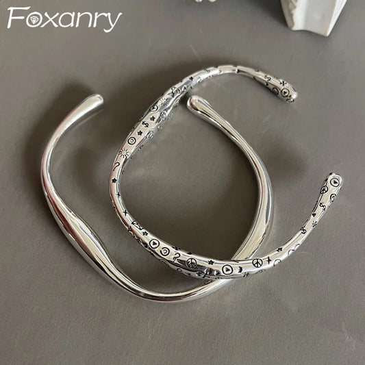 FOXANRY Minimalist Silver Color Bracelet for Women New Fashion Vintage Punk Graffiti Party