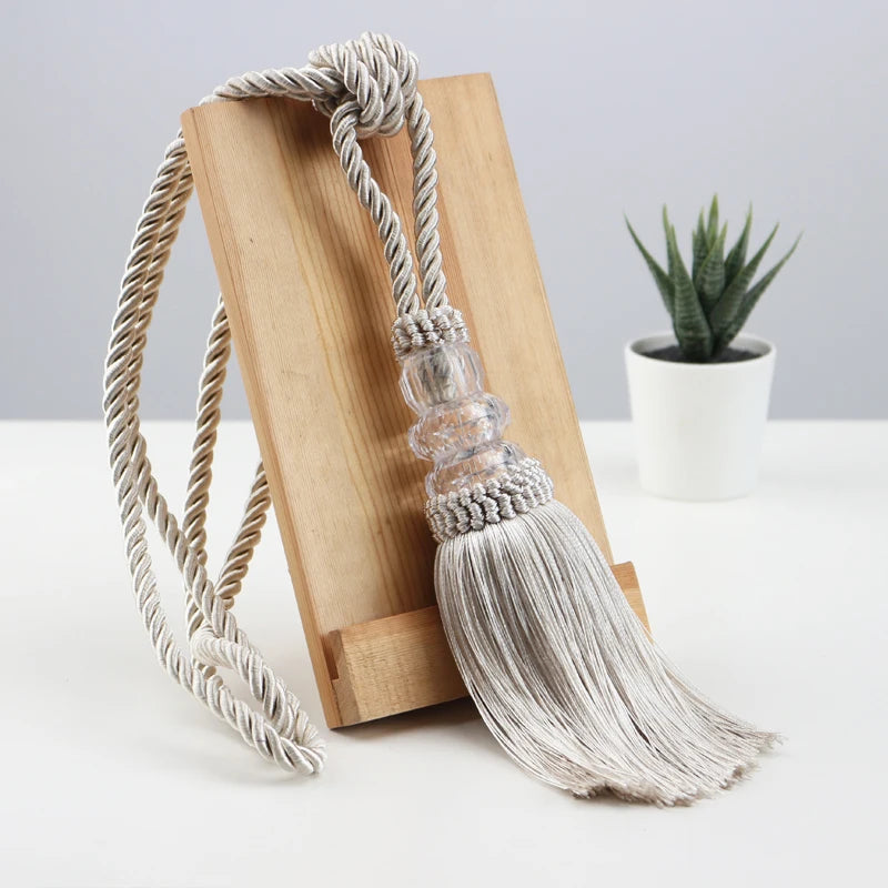 2Pcs Curtain Tieback Tassel Crystal Beaded Hanging Rope Tie Home Decor Gold Curtains Cord Holder