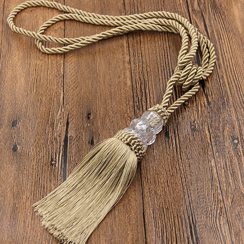 2Pcs Curtain Tieback Tassel Crystal Beaded Hanging Rope Tie Home Decor Gold Curtains Cord Holder