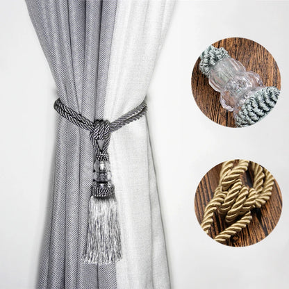 2Pcs Curtain Tieback Tassel Crystal Beaded Hanging Rope Tie Home Decor Gold Curtains Cord Holder