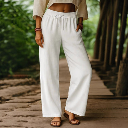 Elastic Casual Solid Color Cotton Linen Wide Leg Pants