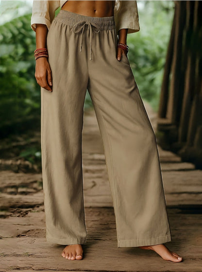 Elastic Casual Solid Color Cotton Linen Wide Leg Pants