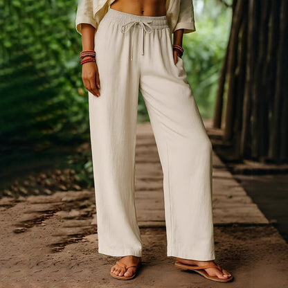 Elastic Casual Solid Color Cotton Linen Wide Leg Pants