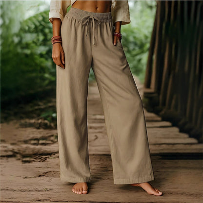 Elastic Casual Solid Color Cotton Linen Wide Leg Pants