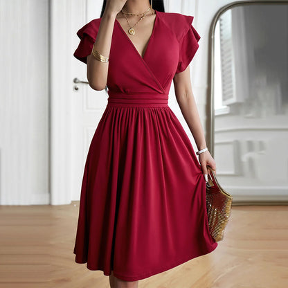 Women Elegant V-Neck Petal Sleeve Dress