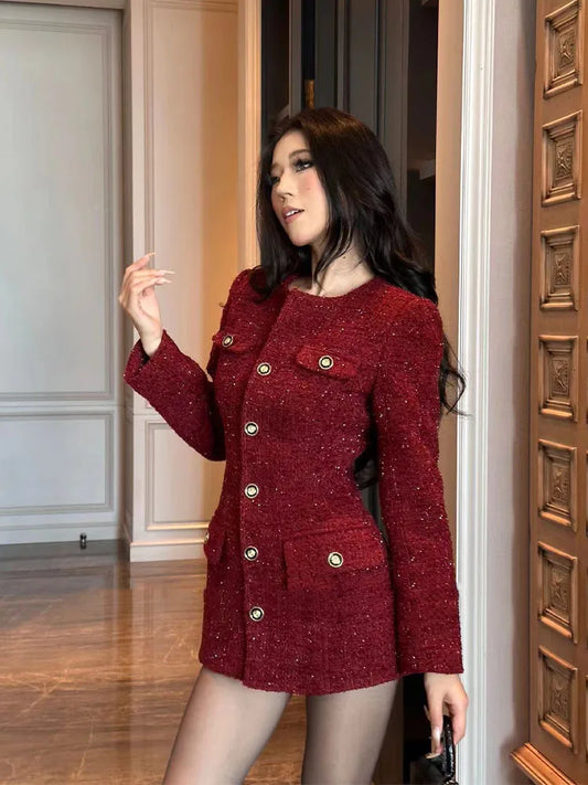 New 2025 Autumn Winter French Fashion High-end Retro Burgundy Dress Women's Long-sleeved