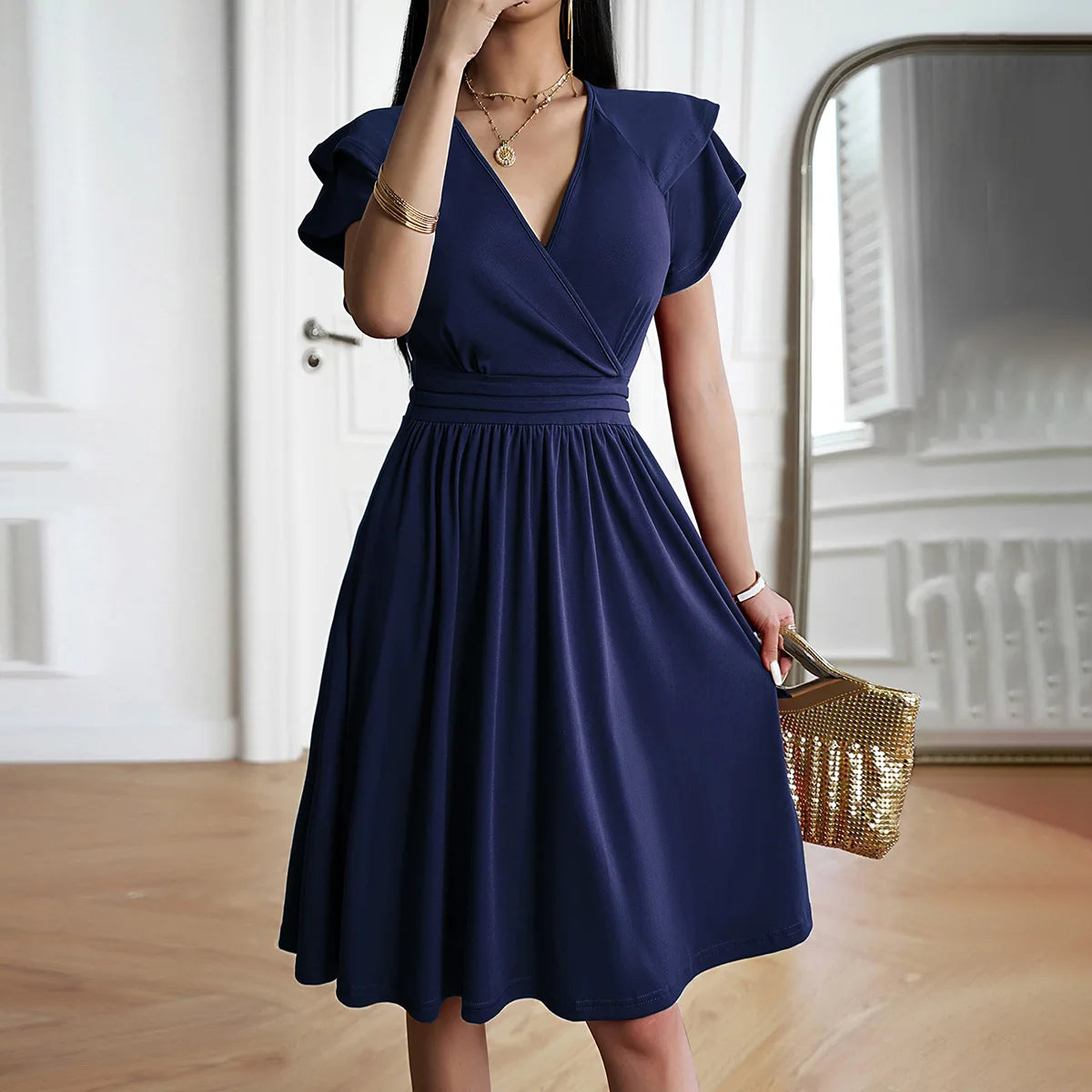 Women Elegant V-Neck Petal Sleeve Dress