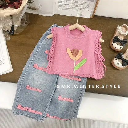 Girls Knitted Waistcoat and Jeans Set