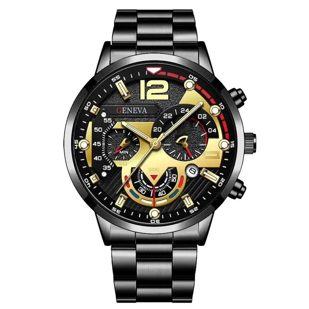 Luxury gold men's wristwatch with black dial and chronograph features, stylish analog design.