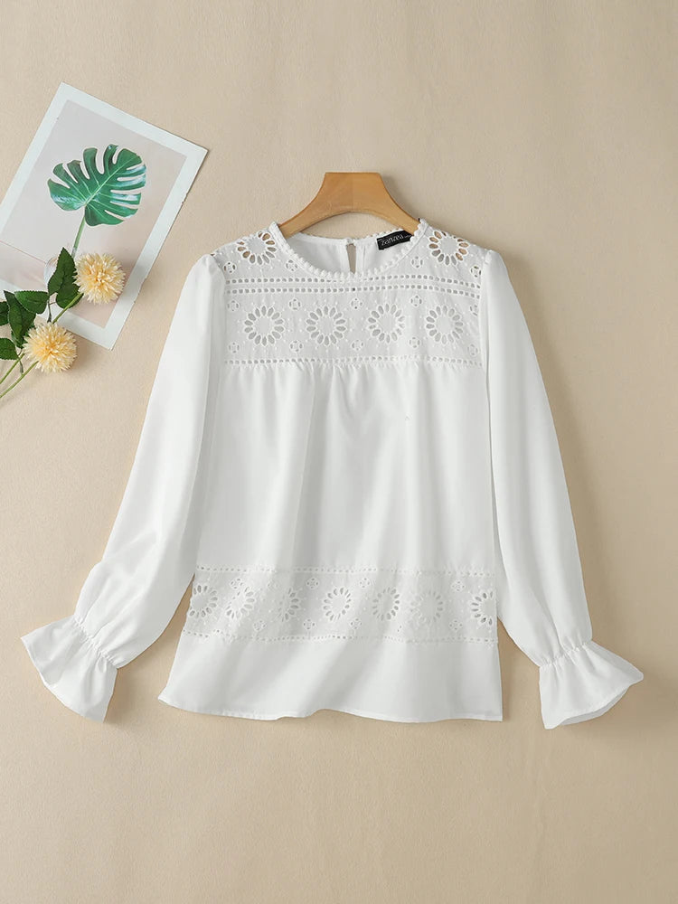 ZANZEA Vacation Causal Blouses 2025 Spring Women Openwork Lace Patchwork Elegant Blusas Mujer Bohemian Long Sleeve Smock Tops