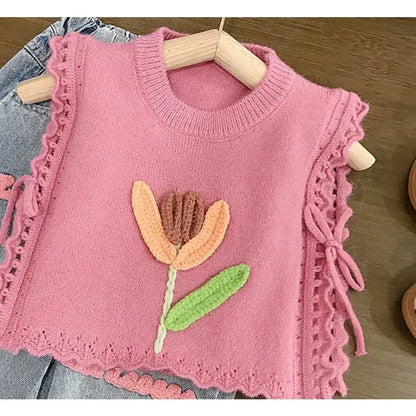 Girls Knitted Waistcoat and Jeans Set