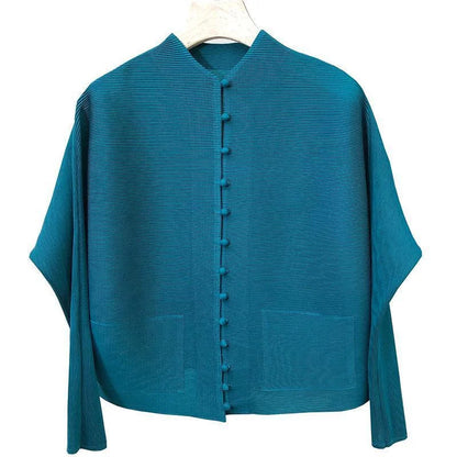 Woman Clothing T-shirt Bat Sleeves Loose and Pleated Small Jacket Women's Single-breasted Pocket Design Pleated Semi-Turtleneck