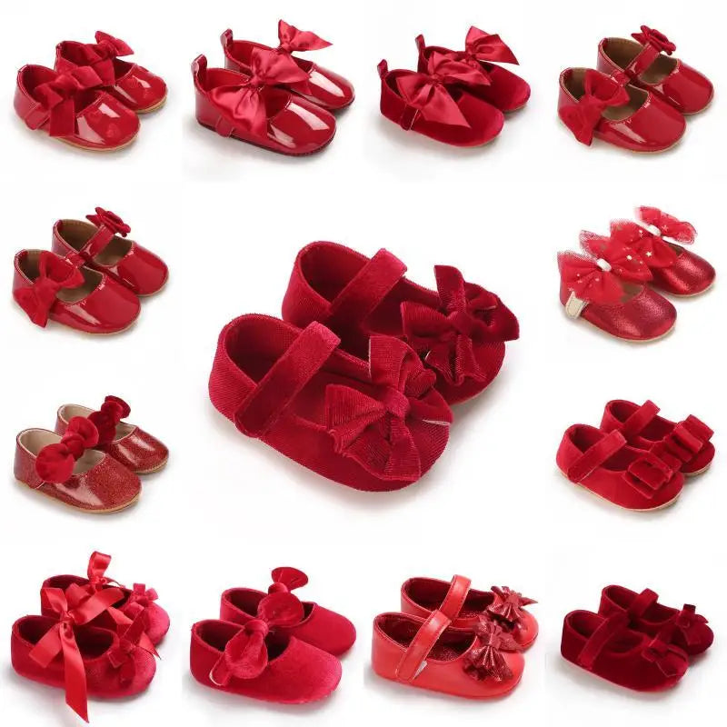 Spring and Autumn Girl Baby Shoes Classic Fashion Red Theme Cute Bow Princess Shoes